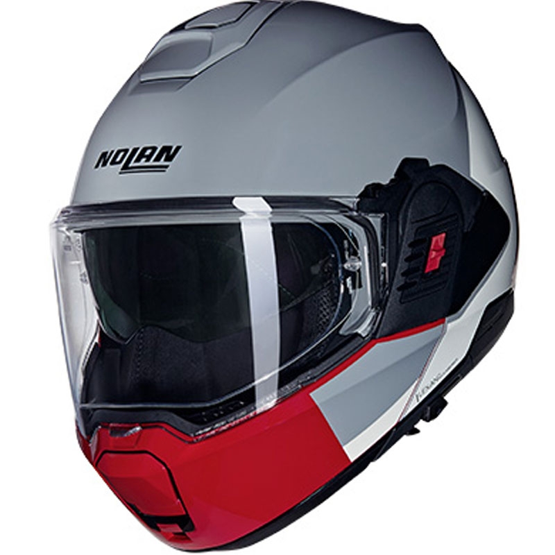 Atlenkiamas motociklo šalmas Nolan N120-1 Grafo N-COM 349 pilkas-baltas-raudonas