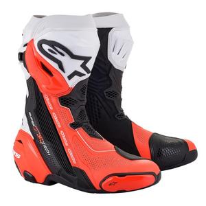 "Alpinestars Supertech R" ventiliuojami juodos, baltos ir fluoro raudonos spalvos motociklininko batai - II klasė - II. kokybė