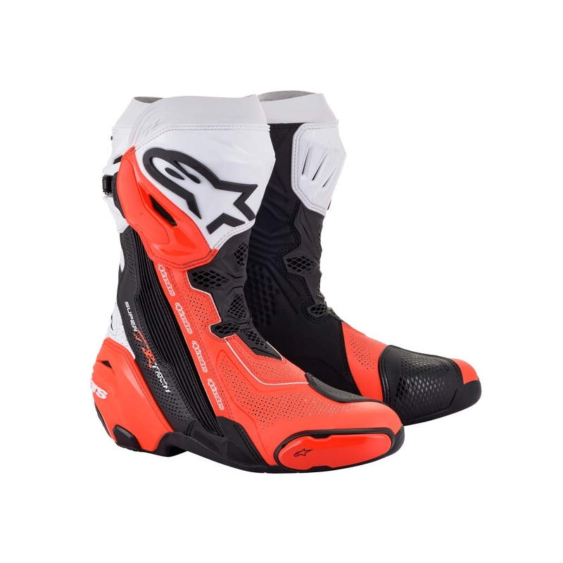 "Alpinestars Supertech R" ventiliuojami juodos, baltos ir fluoro raudonos spalvos motociklininko batai - II klasė - II. kokybė
