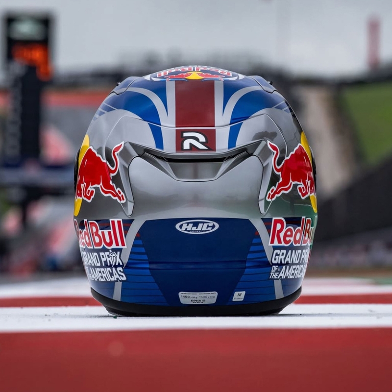 Integruotas motociklininko šalmas HJC RPHA 12 Red Bull Austin GP II MC21 mėlynai pilkas