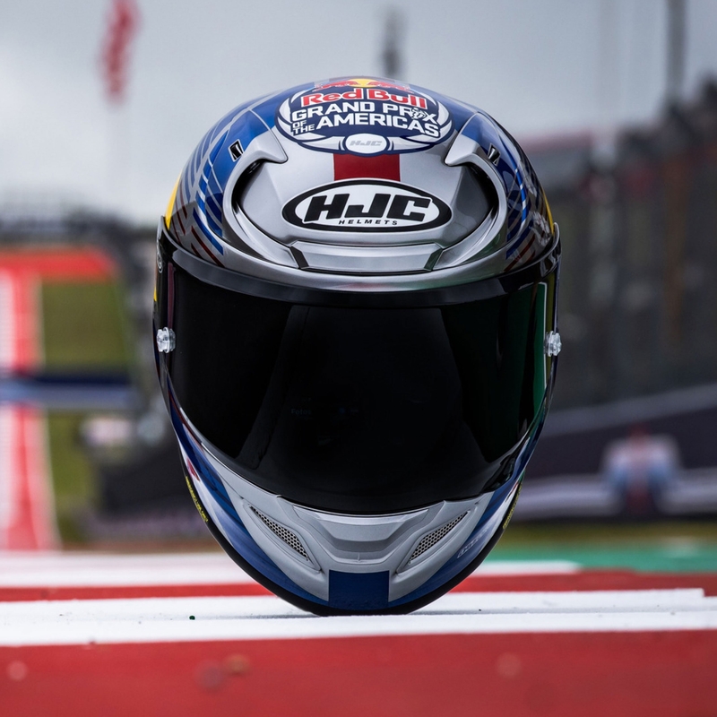 Integruotas motociklininko šalmas HJC RPHA 12 Red Bull Austin GP II MC21 mėlynai pilkas