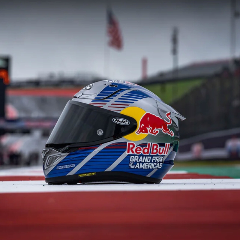 Integruotas motociklininko šalmas HJC RPHA 12 Red Bull Austin GP II MC21 mėlynai pilkas