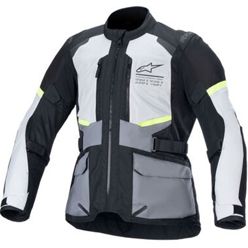 "Alpinestars Andes Air Drystar" šviesiai pilka-tamsiai pilka-juoda-fluo geltona motociklininko striukė