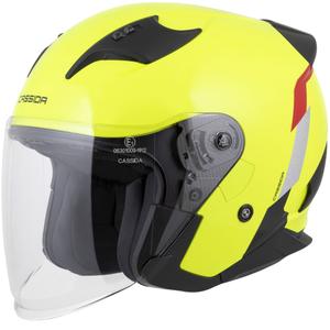 "Cassida Reflex 2.0 Safety" fluo geltonai raudonas-raudonas-pilkas-refleksinis sidabrinis atviras motociklininko šalmas