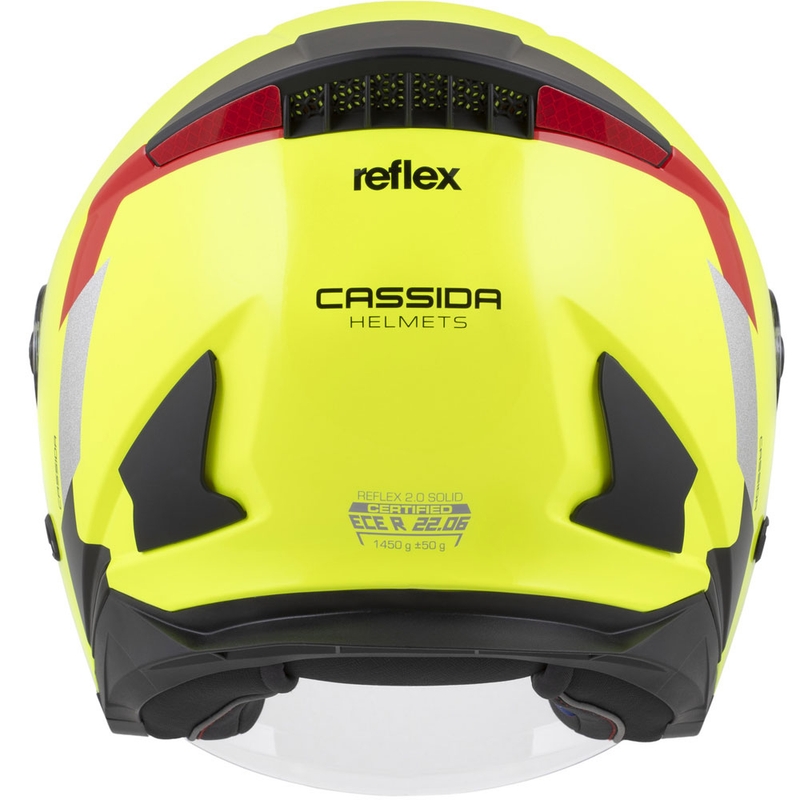 "Cassida Reflex 2.0 Safety" fluo geltonai raudonas-raudonas-pilkas-refleksinis sidabrinis atviras motociklininko šalmas