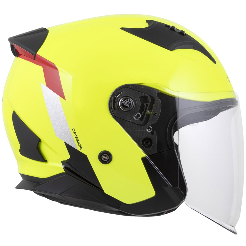 "Cassida Reflex 2.0 Safety" fluo geltonai raudonas-raudonas-pilkas-refleksinis sidabrinis atviras motociklininko šalmas