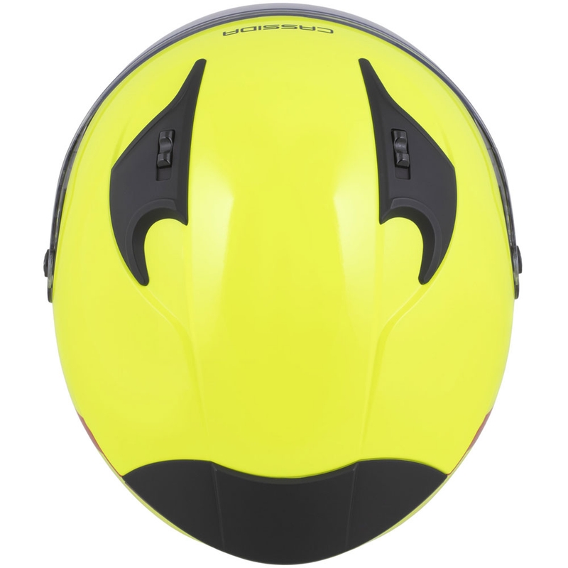 "Cassida Reflex 2.0 Safety" fluo geltonai raudonas-raudonas-pilkas-refleksinis sidabrinis atviras motociklininko šalmas