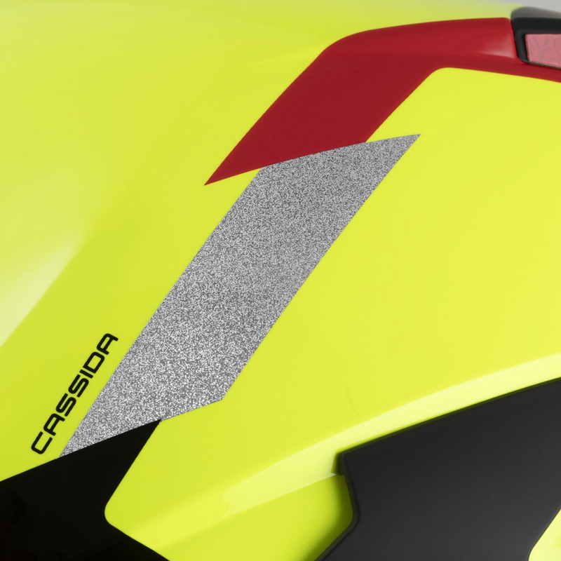 "Cassida Reflex 2.0 Safety" fluo geltonai raudonas-raudonas-pilkas-refleksinis sidabrinis atviras motociklininko šalmas