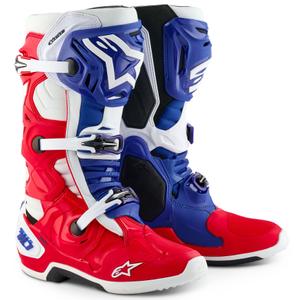 "Alpinestars Tech 10" riboto leidimo FORTITUDE baltai-mėlynai-raudoni motociklininko batai