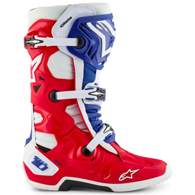 "Alpinestars Tech 10" riboto leidimo FORTITUDE baltai-mėlynai-raudoni motociklininko batai