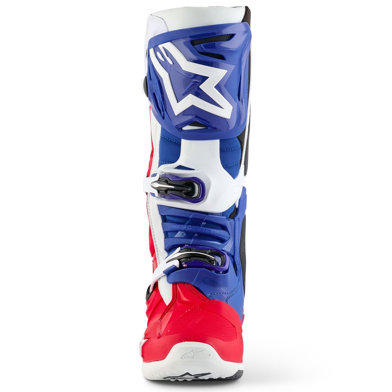 "Alpinestars Tech 10" riboto leidimo FORTITUDE baltai-mėlynai-raudoni motociklininko batai