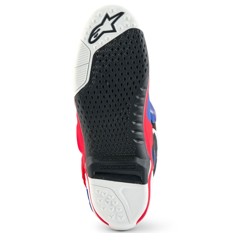 "Alpinestars Tech 10" riboto leidimo FORTITUDE baltai-mėlynai-raudoni motociklininko batai