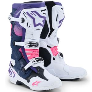 Alpinestars Tech 10 baltai violetiniai-mėlyni-fluo rožiniai motociklininko batai