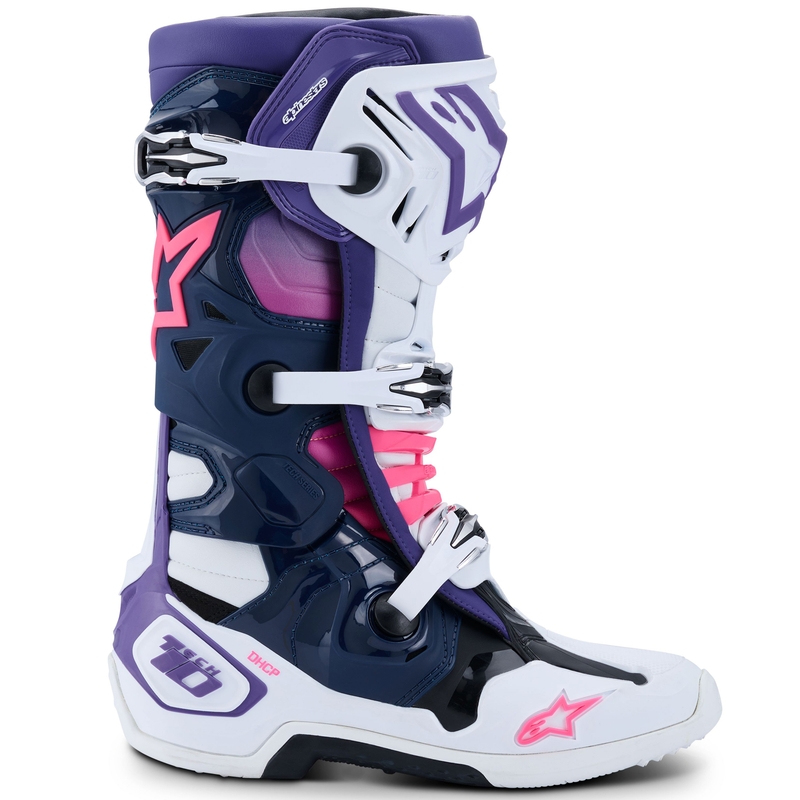 Alpinestars Tech 10 baltai violetiniai-mėlyni-fluo rožiniai motociklininko batai