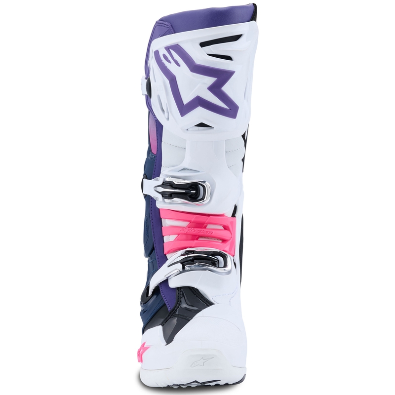 Alpinestars Tech 10 baltai violetiniai-mėlyni-fluo rožiniai motociklininko batai