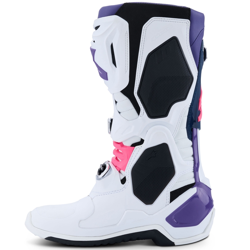 Alpinestars Tech 10 baltai violetiniai-mėlyni-fluo rožiniai motociklininko batai