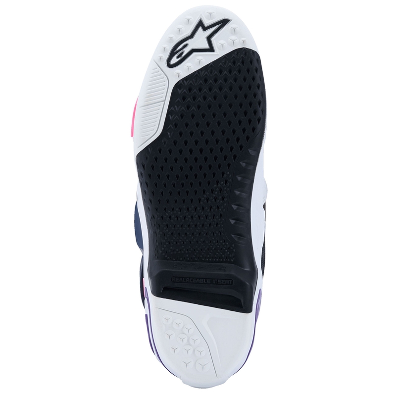 Alpinestars Tech 10 baltai violetiniai-mėlyni-fluo rožiniai motociklininko batai