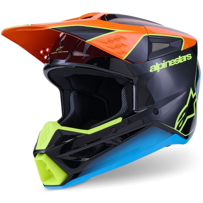 Alpinestars S-M3 Fray Motokroso šalmas juodas-fluo oranžinis-fluo geltonas-turkio spalvos