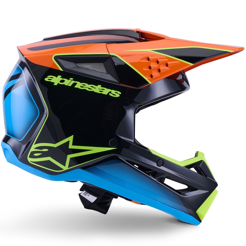 Alpinestars S-M3 Fray Motokroso šalmas juodas-fluo oranžinis-fluo geltonas-turkio spalvos