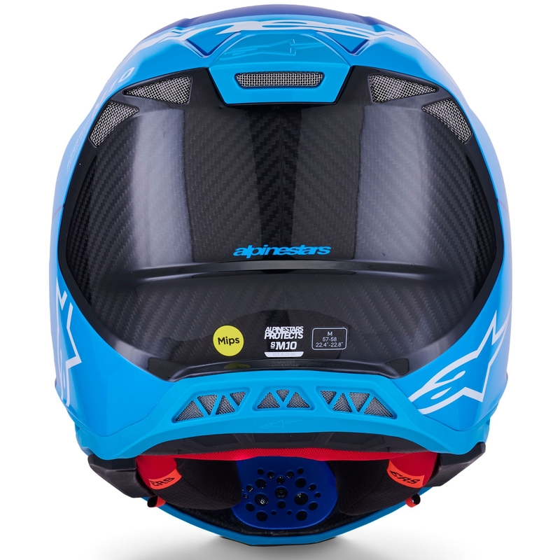 "Alpinestars Supertech S-M10 Flood" motokroso šalmas mėlynas perlamutrinis-šviesiai mėlynas-juodas-juodas-karboninis-matinis-blizgantis