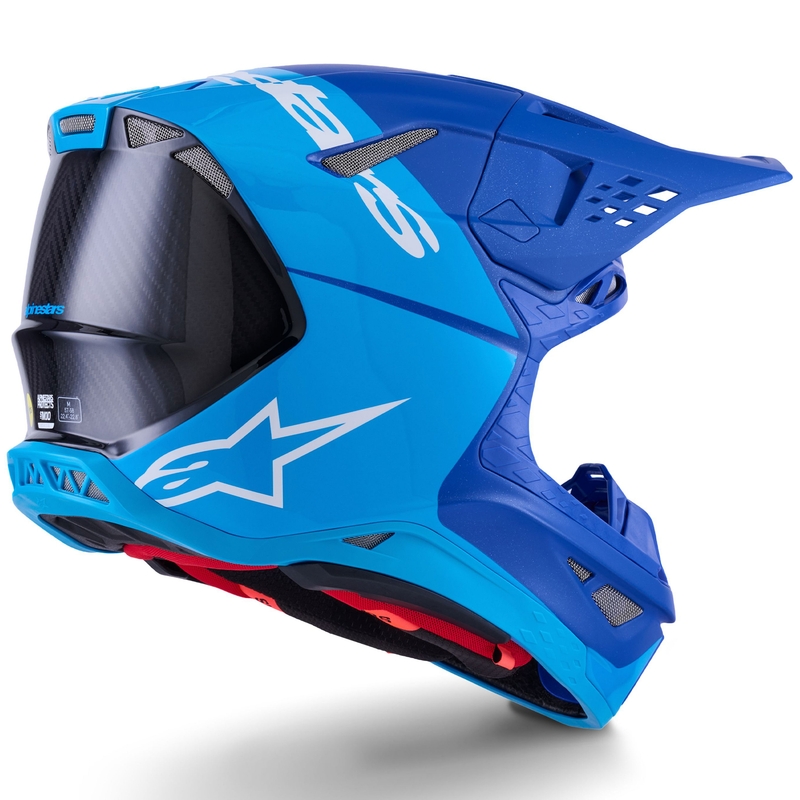 "Alpinestars Supertech S-M10 Flood" motokroso šalmas mėlynas perlamutrinis-šviesiai mėlynas-juodas-juodas-karboninis-matinis-blizgantis