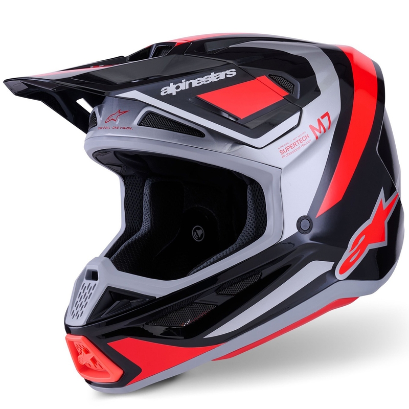 Alpinestars SM7 Rise motokroso šalmas juodas-sidabrinis-fluo raudonas