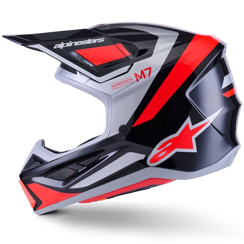 Alpinestars SM7 Rise motokroso šalmas juodas-sidabrinis-fluo raudonas