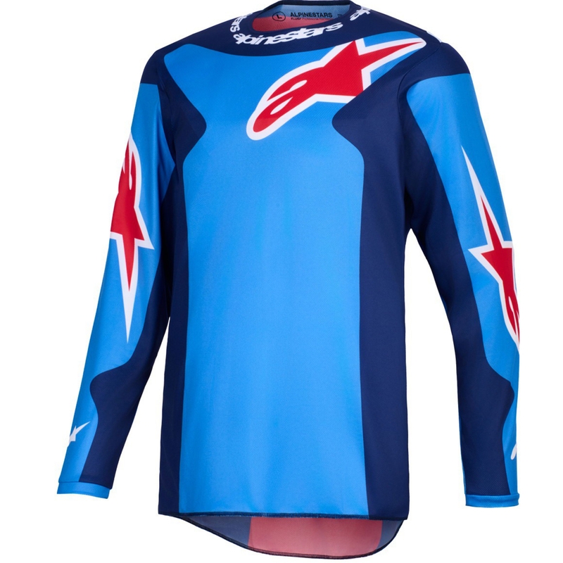 Alpinestars Fluid Grid motokroso marškinėliai mėlynos ir raudonos spalvos