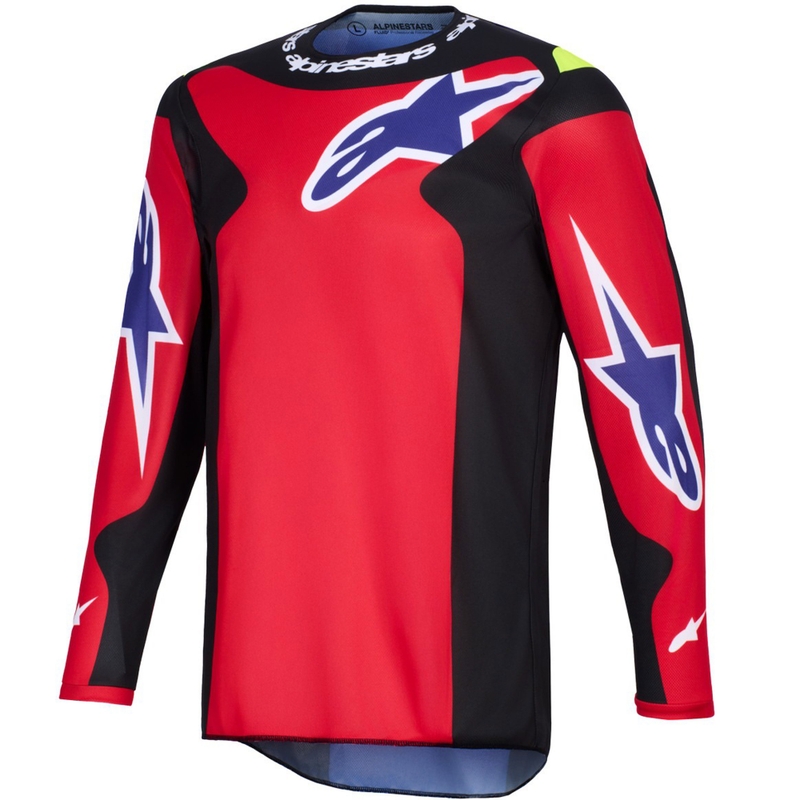 Alpinestars Fluid Grid motokroso marškinėliai raudona-juoda-violetinė-geltona