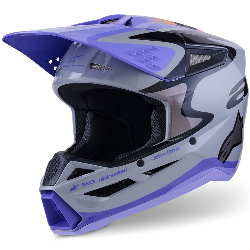 Alpinestars S-M3 motokroso šalmas JETT LAWRENCE pilkai violetinės ir juodos spalvos
