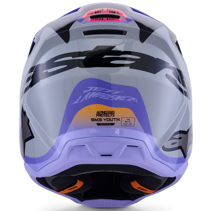 Vaikiškas motokroso šalmas Alpinestars S-M3 edition JETT LAWRENCE pilkai violetinės-juodos spalvos
