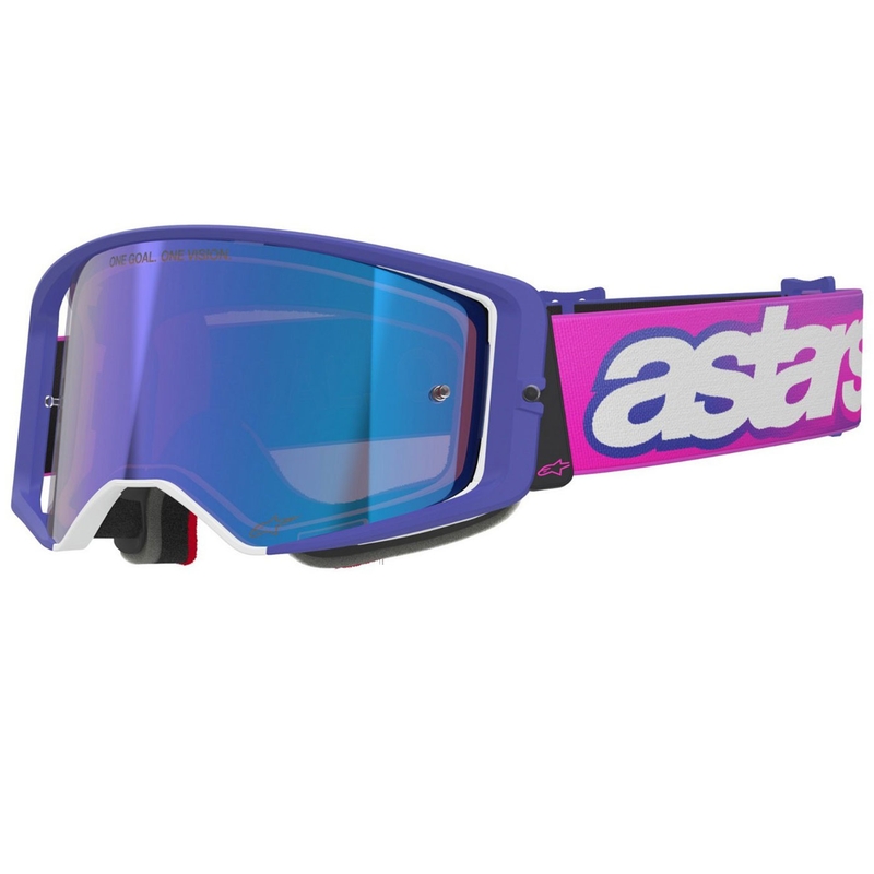 Alpinestars Supertech Vision Vista motokroso akiniai violetinės ir mėlynos spalvos su veidrodiniais mėlynais lęšiais