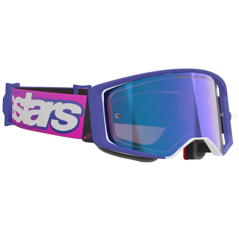 Alpinestars Supertech Vision Vista motokroso akiniai violetinės ir mėlynos spalvos su veidrodiniais mėlynais lęšiais