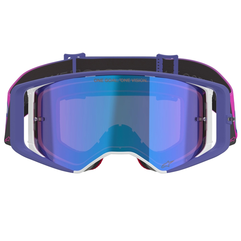 Alpinestars Supertech Vision Vista motokroso akiniai violetinės ir mėlynos spalvos su veidrodiniais mėlynais lęšiais