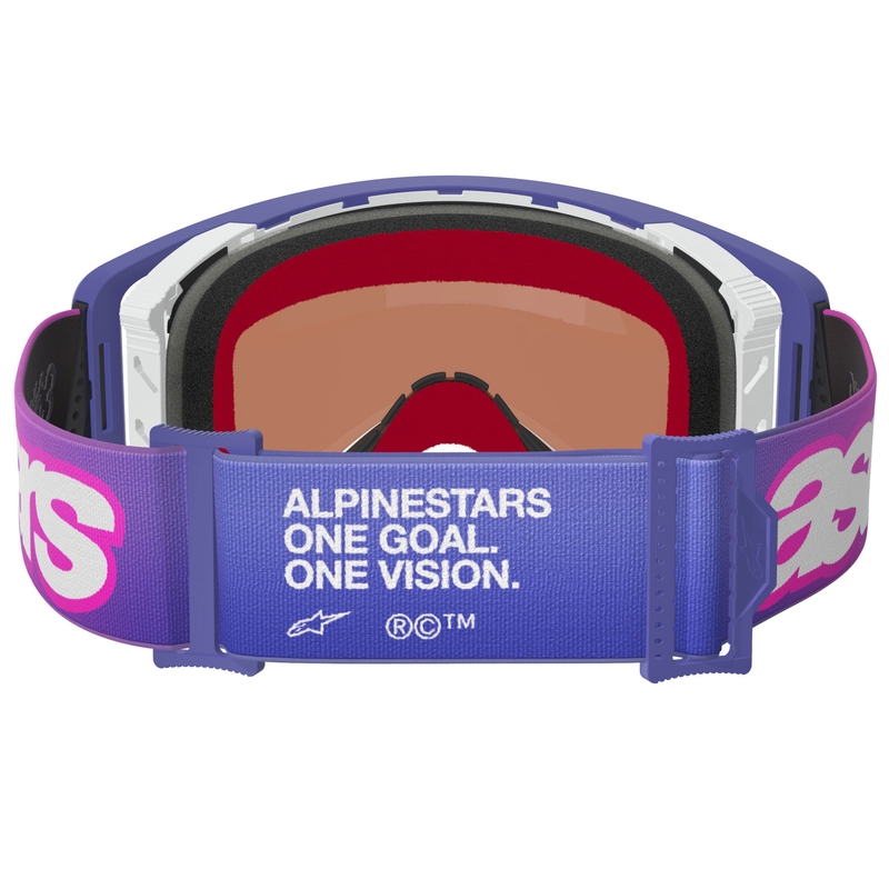 Alpinestars Supertech Vision Vista motokroso akiniai violetinės ir mėlynos spalvos su veidrodiniais mėlynais lęšiais