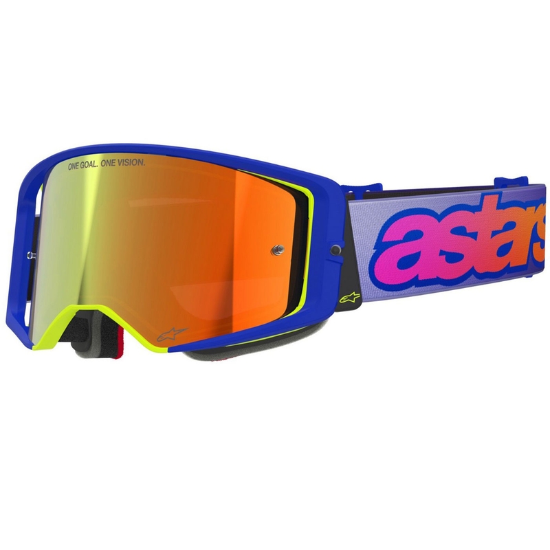 Alpinestars Supertech Vision Vista motokroso akiniai mėlyni-geltoni-violetiniai su veidrodiniais raudonais lęšiais