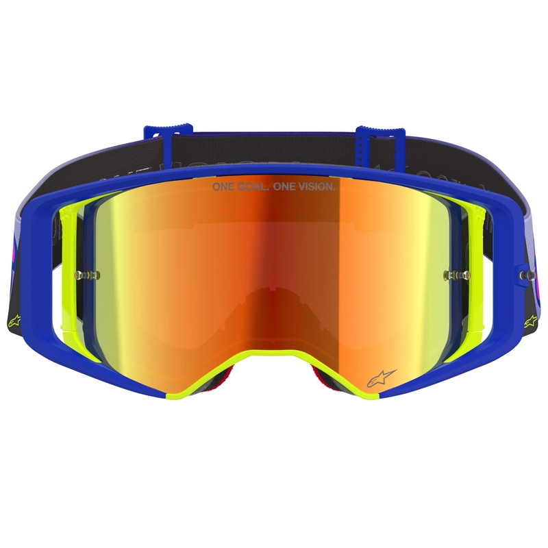 Alpinestars Supertech Vision Vista motokroso akiniai mėlyni-geltoni-violetiniai su veidrodiniais raudonais lęšiais
