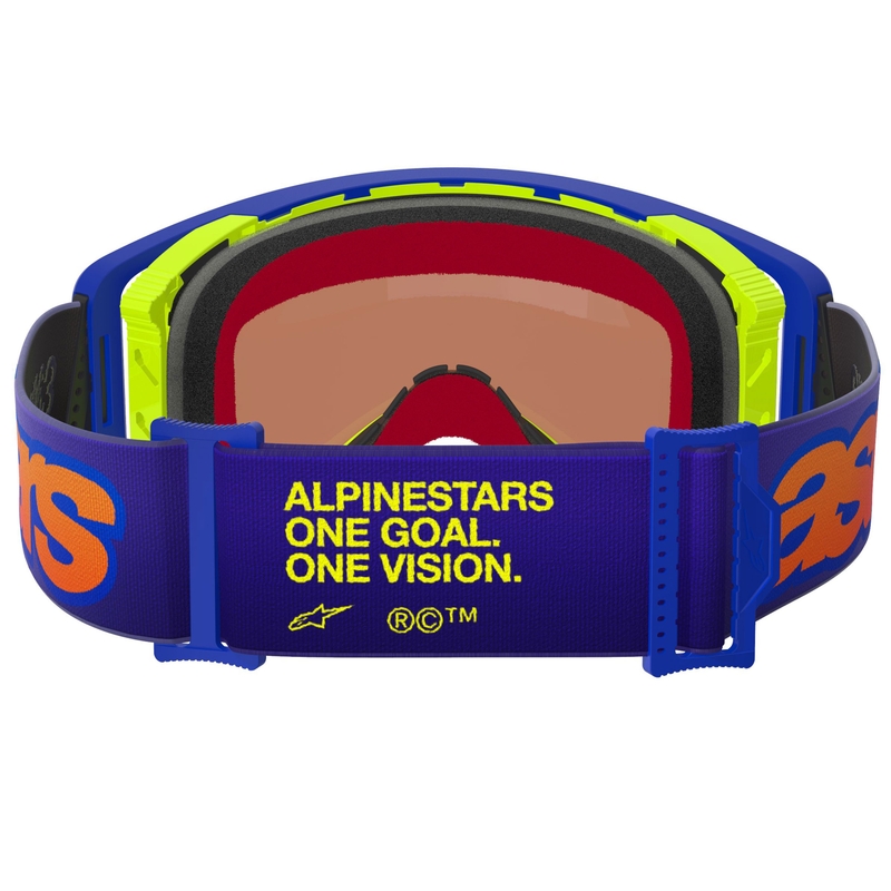 Alpinestars Supertech Vision Vista motokroso akiniai mėlyni-geltoni-violetiniai su veidrodiniais raudonais lęšiais