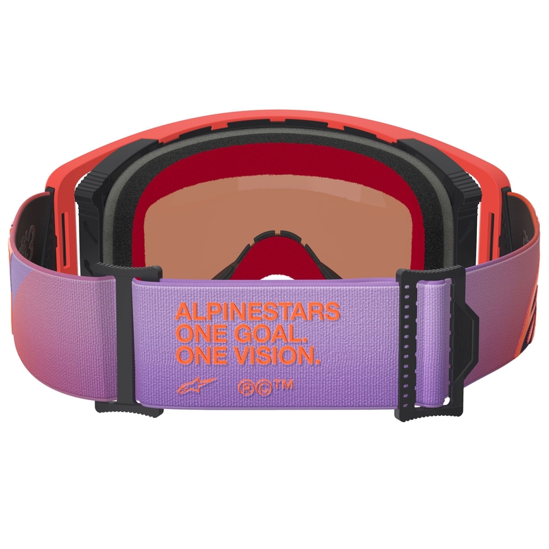 Alpinestars Supertech Vision Corp motokroso akiniai oranžinės ir violetinės spalvos su veidrodiniais mėlynais lęšiais