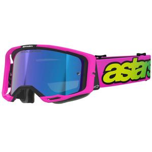 Alpinestars Vision 8 Vista fluo rožinės, fluo geltonos ir žalios spalvos motokroso akiniai su veidrodiniais mėlynais lęšiais