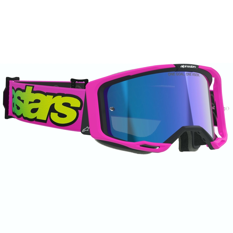 Alpinestars Vision 8 Vista fluo rožinės, fluo geltonos ir žalios spalvos motokroso akiniai su veidrodiniais mėlynais lęšiais