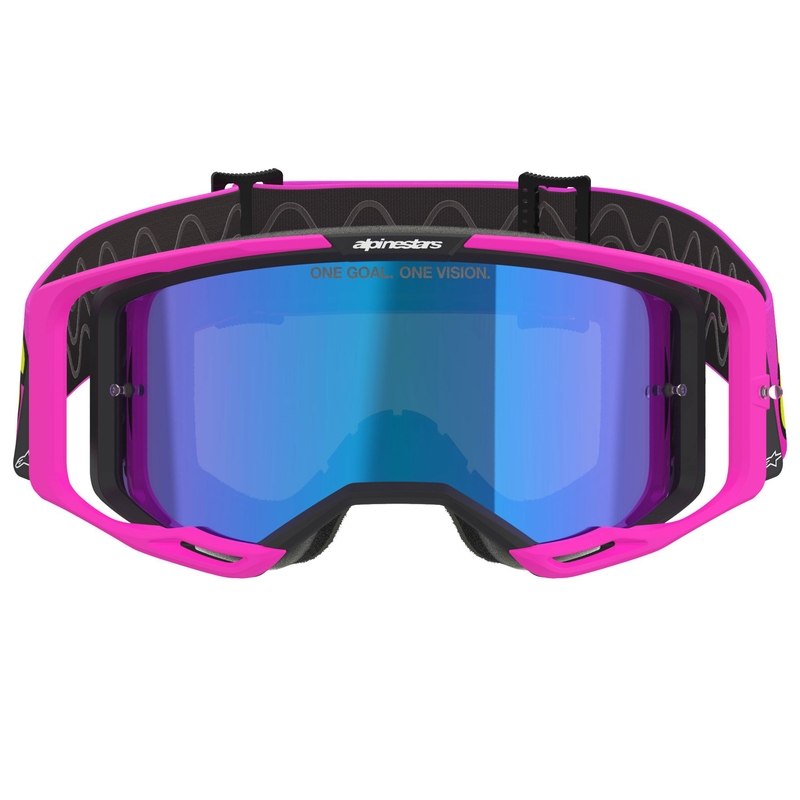 Alpinestars Vision 8 Vista fluo rožinės, fluo geltonos ir žalios spalvos motokroso akiniai su veidrodiniais mėlynais lęšiais