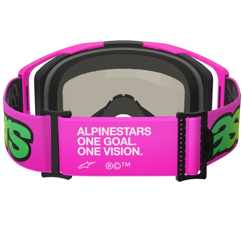 Alpinestars Vision 8 Vista fluo rožinės, fluo geltonos ir žalios spalvos motokroso akiniai su veidrodiniais mėlynais lęšiais