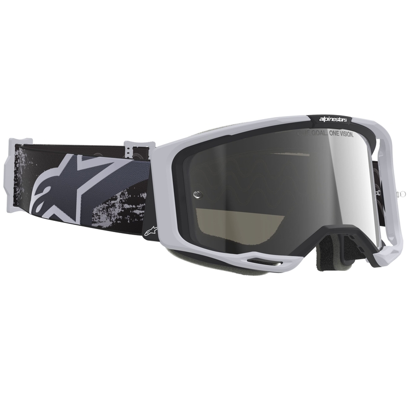 Alpinestars Supertech Vision 8 Lahnd motokroso akiniai baltos ir juodos spalvos su veidrodiniais sidabriniais lęšiais