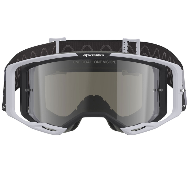 Alpinestars Supertech Vision 8 Lahnd motokroso akiniai baltos ir juodos spalvos su veidrodiniais sidabriniais lęšiais
