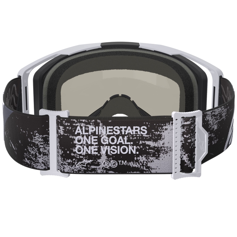 Alpinestars Supertech Vision 8 Lahnd motokroso akiniai baltos ir juodos spalvos su veidrodiniais sidabriniais lęšiais