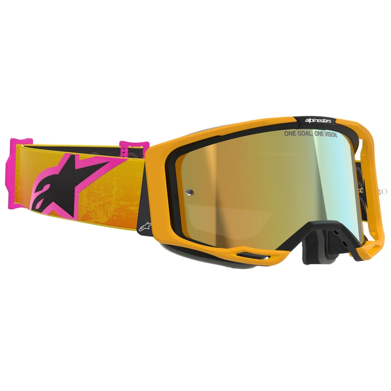 Alpinestars Vision 8 Corp motokroso akiniai oranžiniai-geltona-rožiniai su veidrodiniais auksiniais lęšiais