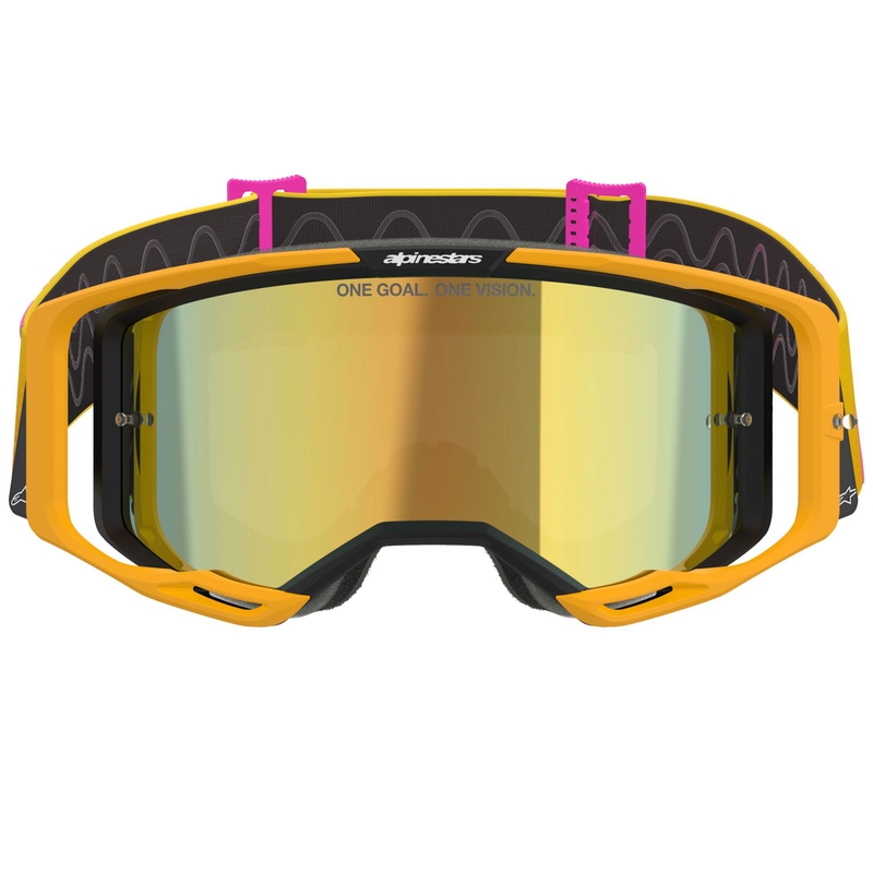Alpinestars Vision 8 Corp motokroso akiniai oranžiniai-geltona-rožiniai su veidrodiniais auksiniais lęšiais
