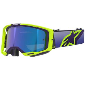 Alpinestars Vision 8 Corp fluo geltonai violetiniai motokroso akiniai su veidrodiniais mėlynais lęšiais