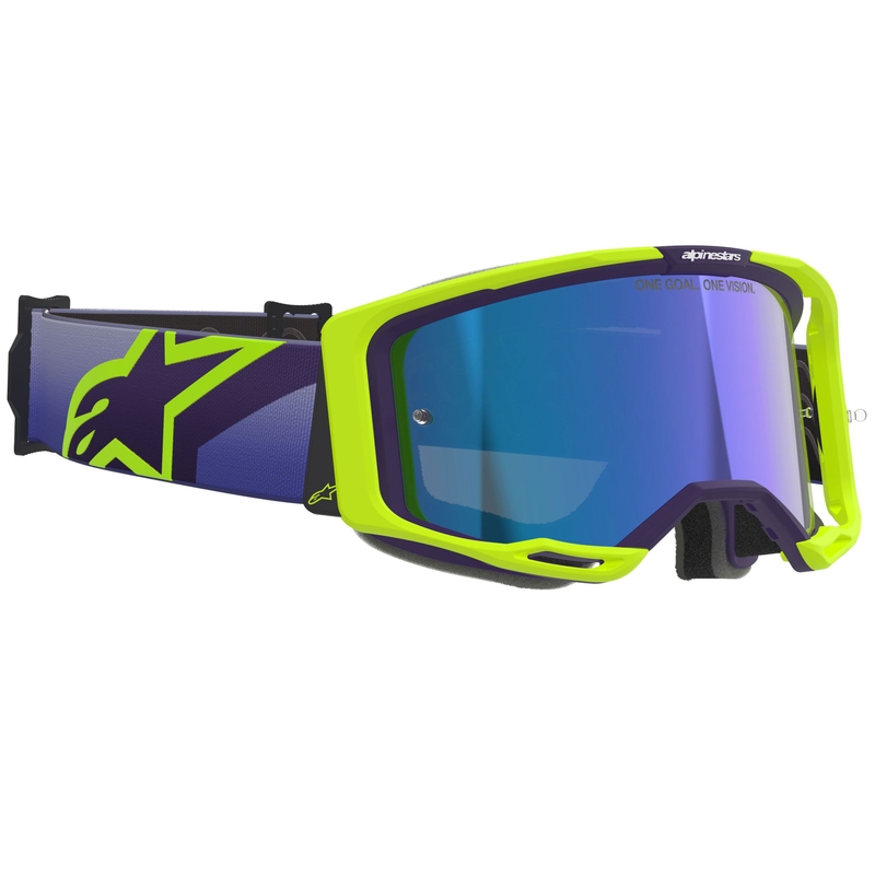 Alpinestars Vision 8 Corp fluo geltonai violetiniai motokroso akiniai su veidrodiniais mėlynais lęšiais
